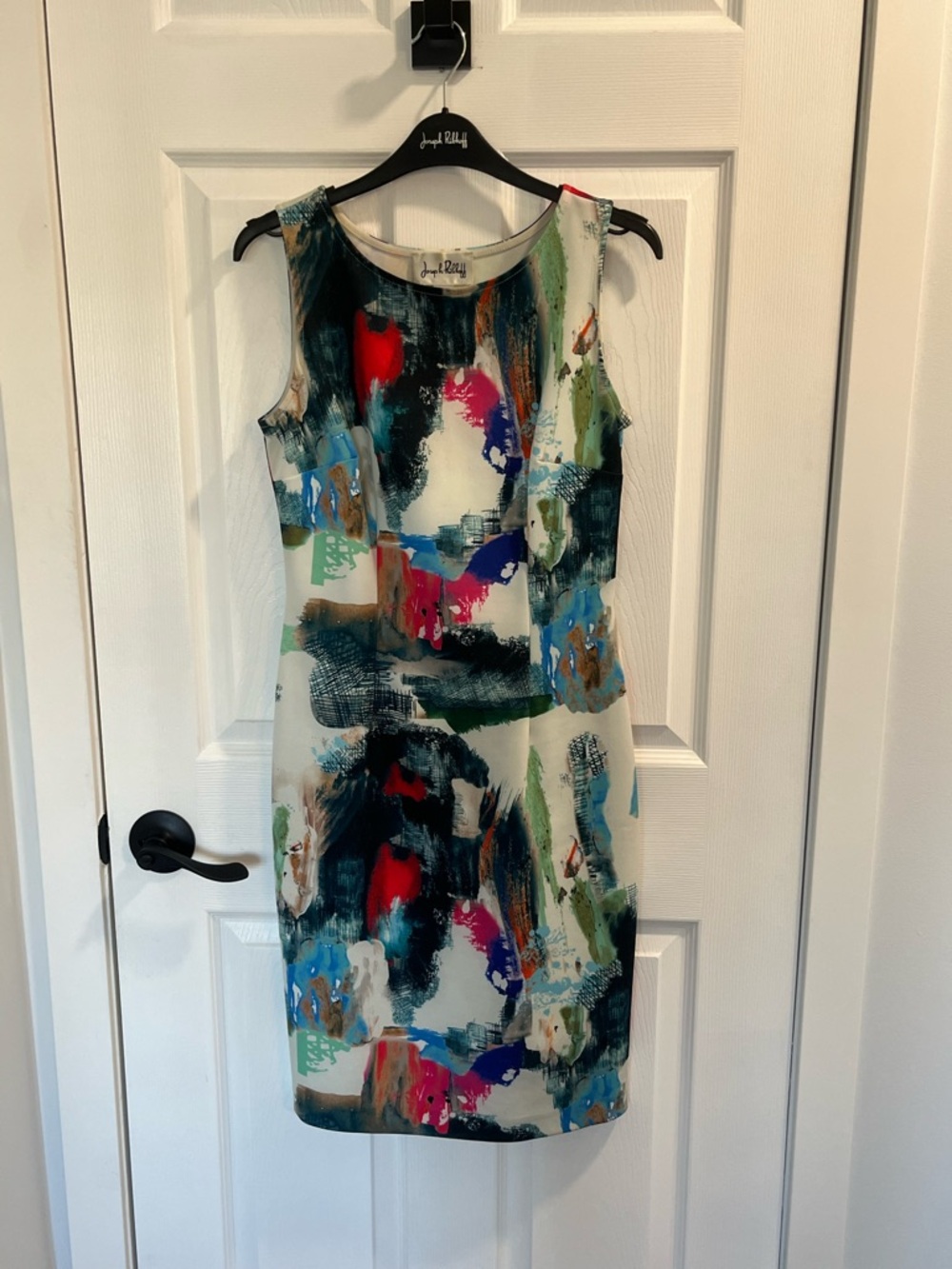 Joseph Ribkoff Abstract Brushstroke Midi Dress in White, Blue, Red, Green